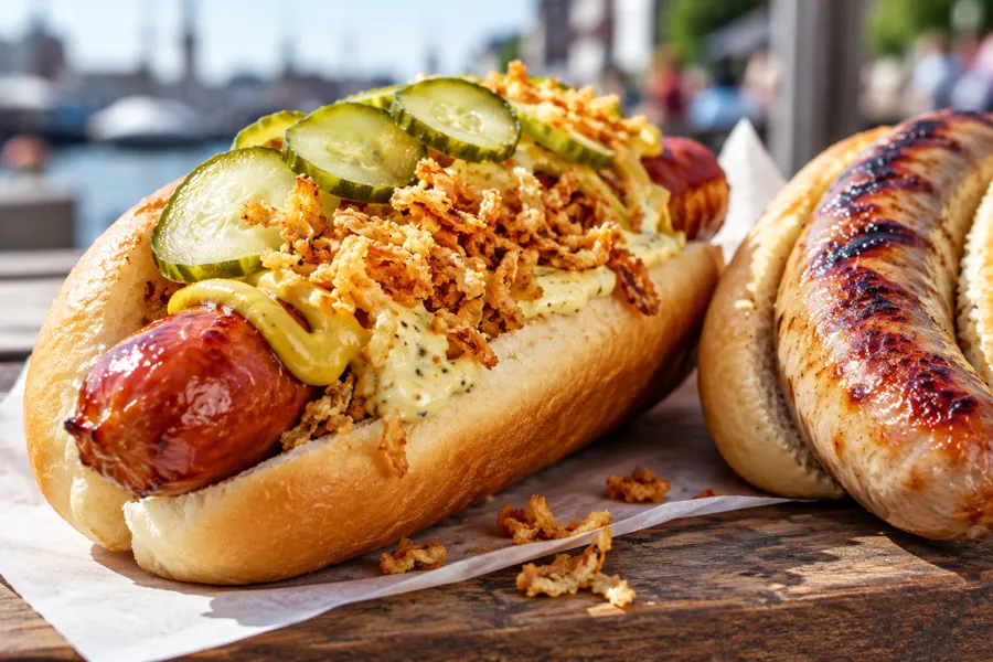 Hotdog med ristede løg og remoulade samt grillet bratwurst
