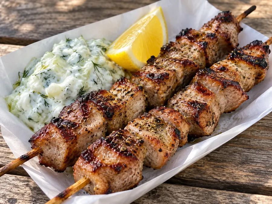 Grillede souvlaki-spyd med tzatziki og citron