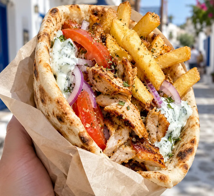 Gyros wrap med tomat, løg og tzatziki